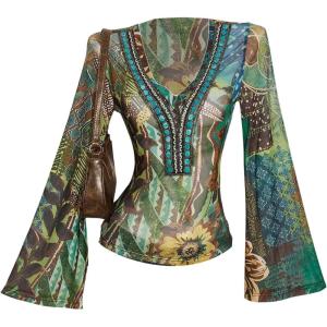 image:imageMakeMeChic Womens Boho Clothes Spring Bell Sleeve Tee Shirt V Neck Floral Tops Vacation OutfitsMulticolor