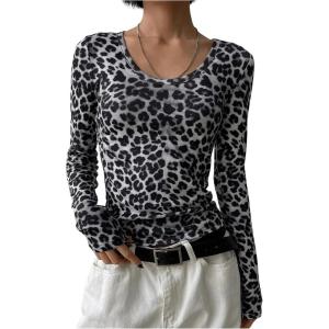 image:imageMakeMeChic Womens Cheetah Print Scoop Neck T Shirt Long Sleeve Rib Knit Y2k Going Out TopsBlack and White