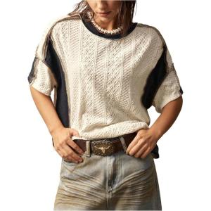 image:imageMakeMeChic Womens Color Block Crew Neck Knit T Shirt Textured Short Sleeve Fall Sweater ShirtBlack and White