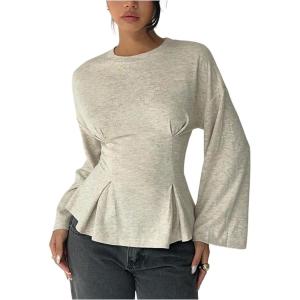 image:imageMakeMeChic Womens Crewneck Tops Cinched Waist Long Sleeve Work Office T ShirtApricot