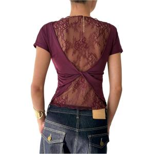 image:imageMakeMeChic Womens Deep V Neck Floral Lace T Shirt Wrap Twist Back Short Sleeve Tee Crop TopsBurgundy