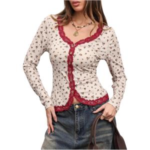 image:imageMakeMeChic Womens Floral Button Down Shirts Lace V Neck Long Sleeve Boho Cute TopsApricot
