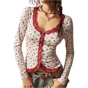 image:imageMakeMeChic Womens Floral Button Down Shirts Lace V Neck Long Sleeve Boho Cute TopsApricot B