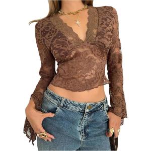 image:imageMakeMeChic Womens Floral Lace Bell Sleeve T Shirt Deep V Neck Scallop Mesh Crop TopsBrown