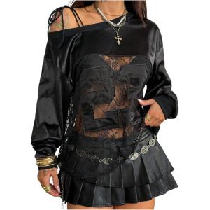 image:imageMakeMeChic Womens Floral Lace Number Jersey Shirt Long Sleeve Sheer Off The Shoulder Y2K Tee TopsBlack