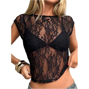 image:imageMakeMeChic Womens Floral Lace Tee Shirts Mesh Sheer Cap Sleeve Y2K Crop Concert Tops New Years Eve OutfitBlack