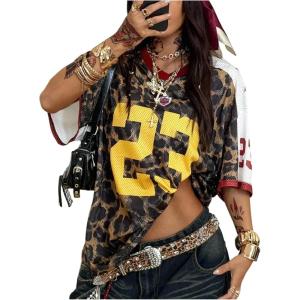 image:imageMakeMeChic Womens Football Jersey Shirt Graphic Tee Oversized Off The Shoulder Half Sleeve Sports TopsBrown