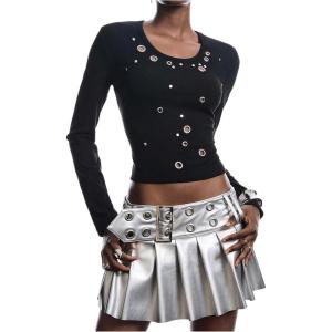 image:imageMakeMeChic Womens Grommet Eyelet Crew Neck Tee Shirt Long Sleeve Fitted Y2K Punk Crop TopsBlack