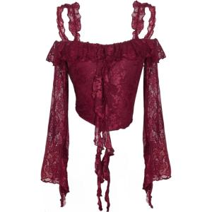 image:imageMakeMeChic Womens Halloween Lace Tops Tee Shirt Y2K Bell Sleeve Ruffle Backless Boho Crop TopsBurgundy