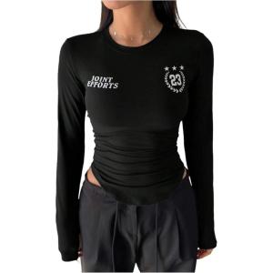 image:imageMakeMeChic Womens Jersey Shirts Color Blocking Crop Tops V Neck Long Sleeve Fitted Fall T ShirtBlack