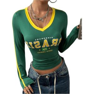 image:imageMakeMeChic Womens Jersey Shirts Color Blocking Crop Tops V Neck Long Sleeve Fitted Fall T ShirtGreen