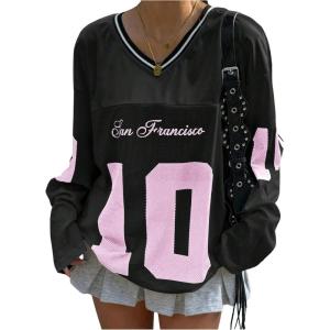 image:imageMakeMeChic Womens Jersey Shirts Number Print Long Sleeve V Neck Oversized Y2k Tee Tops StreetwearMulticolor