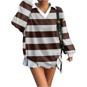 image:imageMakeMeChic Womens Jersey Striped Tee Shirt Spring Collar V Neck Long Sleeve Retro Y2K TopsBrown and Grey