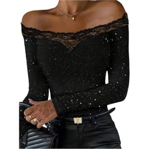 image:imageMakeMeChic Womens Lace Off The Shoulder T Shirt Glitter Long Sleeve Fitted Party TopsBlack