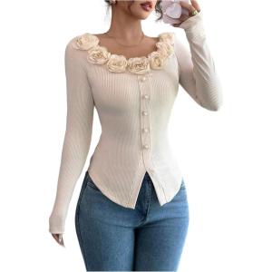 image:imageMakeMeChic Womens Long Sleeve Fall Cute Tops 3D Floral Pearl Scoop Neck Elegant Boho TopsApricot