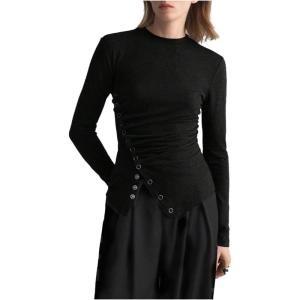 image:imageMakeMeChic Womens Long Sleeve Shirts Crew Neck Button Detail Asymmetrical Hem Blouse Y2k Goth TopsBlack