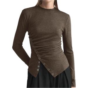 image:imageMakeMeChic Womens Long Sleeve Shirts Crew Neck Button Detail Asymmetrical Hem Blouse Y2k Goth TopsBrown