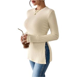 image:imageMakeMeChic Womens Long Sleeve Shirts Crew Neck Split Side Knit Loose Fit Lightweight Pullover SweatersApricot