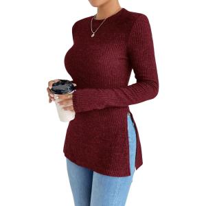 image:imageMakeMeChic Womens Long Sleeve Shirts Crew Neck Split Side Knit Loose Fit Lightweight Pullover SweatersBurgundy
