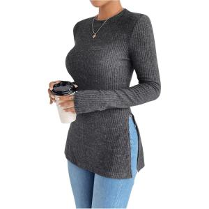 image:imageMakeMeChic Womens Long Sleeve Shirts Crew Neck Split Side Knit Loose Fit Lightweight Pullover SweatersGrey