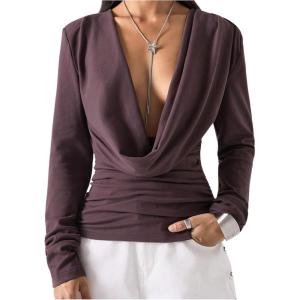 image:imageMakeMeChic Womens Low Cut T Shirt Draped Front Ruched Long Sleeve Old Money TopsCoffee Brown