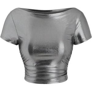 image:imageMakeMeChic Womens Metallic Crop Tops Boat Neck Ruched Short Sleeve Party T Shirt ClubwearSilver