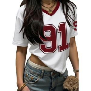 image:imageMakeMeChic Womens Number Graphic Jersey Shirts Y2k V Neck Short Sleeve Football Tee Tops Streetwear Going Out TopsRed