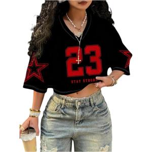 image:imageMakeMeChic Womens Number Print V Neck Jersey Shirt Half Sleeve Y2K Tee Crop TopsRed and Black