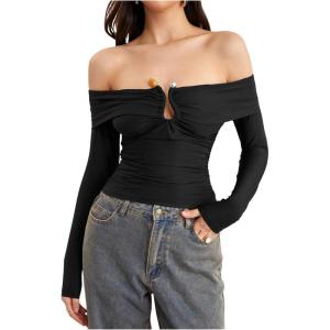 image:imageMakeMeChic Womens Off The Shoulder Crop Tops Ruched Long Sleeve Fitted Going Out T ShirtBlack