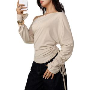 image:imageMakeMeChic Womens Off The Shoulder Sweatshirt Asymmetrical Tops Y2k Long Sleeve T Shirt Going Out TopsApricot