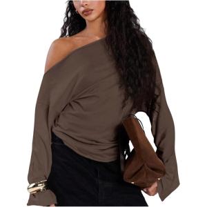 image:imageMakeMeChic Womens Off The Shoulder Sweatshirt Asymmetrical Tops Y2k Long Sleeve T Shirt Going Out TopsBrown