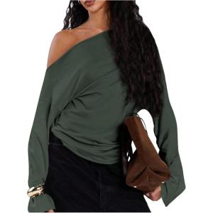 image:imageMakeMeChic Womens Off The Shoulder Sweatshirt Asymmetrical Tops Y2k Long Sleeve T Shirt Going Out TopsDark Green