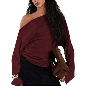 image:imageMakeMeChic Womens Off The Shoulder Sweatshirt Asymmetrical Tops Y2k Long Sleeve T Shirt Going Out TopsRose Red