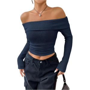 image:imageMakeMeChic Womens Off The Shoulder T Shirt Long Sleeve Knit Fitted Crop TopsBlue