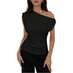 image:imageMakeMeChic Womens Off The Shoulder Tank Tie Back Sleeveless Business Dressy TopsBlack