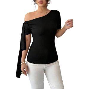 image:imageMakeMeChic Womens Off The Shoulder Top Short Sleeve Fitted Dressy Elegant T ShirtBlack