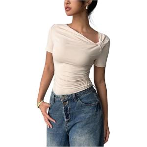 image:imageMakeMeChic Womens Off The Shoulder Tops Bow Y2k T Shirt Short Sleeve Fitted Summer TeeApricot
