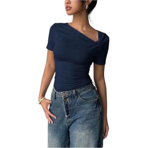 image:imageMakeMeChic Womens Off The Shoulder Tops Bow Y2k T Shirt Short Sleeve Fitted Summer TeeRoyal Blue