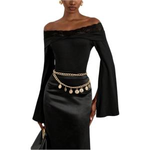 image:imageMakeMeChic Womens Off The Shoulder Tops Elegant Lace Patchwork Cape Bell Sleeve T ShirtBlack