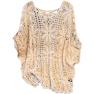 image:imageMakeMeChic Womens Plus Size Boho Tops Crochet Sweater Dolman Sleeve Beach Cover UpPlus Beige
