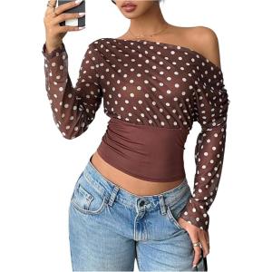 image:imageMakeMeChic Womens Polka Dots Asymmetrical Tops Long Sleeve Fitted Y2K Fall Crop TopsMulticolor