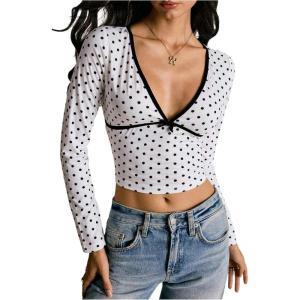 image:imageMakeMeChic Womens Polka Dots Deep V Neck Crop Tops Long Sleeve Y2k Fall T ShirtsBlack and White