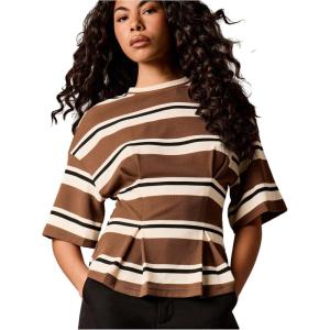 image:imageMakeMeChic Womens Ruffle Peplum Tops Going Out Short Sleeve Summer T Shirt BlouseBrown Striped
