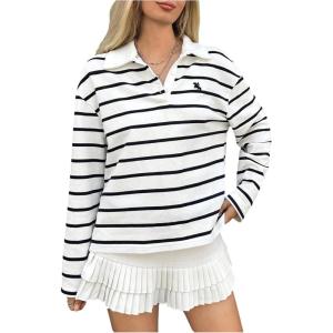 image:imageMakeMeChic Womens Rugby Shirt Striped Tops Long Sleeve Fall Tops Y2k Preppy Tee ShirtsBlack and White
