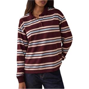 image:imageMakeMeChic Womens Rugby Shirt Striped Tops Long Sleeve Fall Tops Y2k Preppy Tee ShirtsBrown Shirt