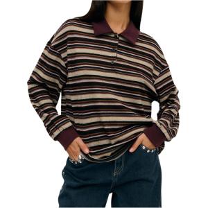 image:imageMakeMeChic Womens Rugby Shirt Striped Tops Long Sleeve Fall Tops Y2k Preppy Tee ShirtsChocolate Brown