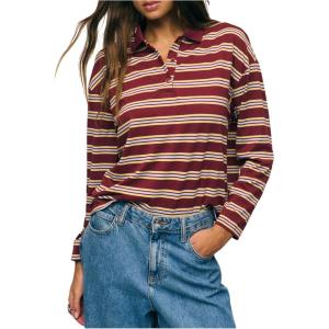 image:imageMakeMeChic Womens Rugby Shirt Striped Tops Long Sleeve Fall Tops Y2k Preppy Tee ShirtsRed Shirt