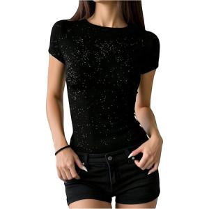 image:imageMakeMeChic Womens Sequin Tops Sparkly Glitter Crewneck Short Sleeve Going Out T ShirtBlack