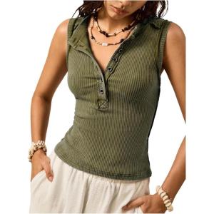 image:imageMakeMeChic Womens Sleeveless Henley Shirt Button Down Crew Neck Fitted Tee TopsArmy Green