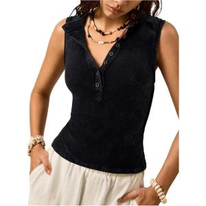 image:imageMakeMeChic Womens Sleeveless Henley Shirt Button Down Crew Neck Fitted Tee TopsBlack
